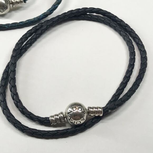 Pandora ALE 925 Sterling Silver Round Clasp Braided Leather Double Bracelet Set - Picture 6 of 9